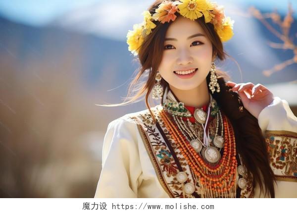 身穿藏族服饰的美女写真亚洲西藏文化少数民族